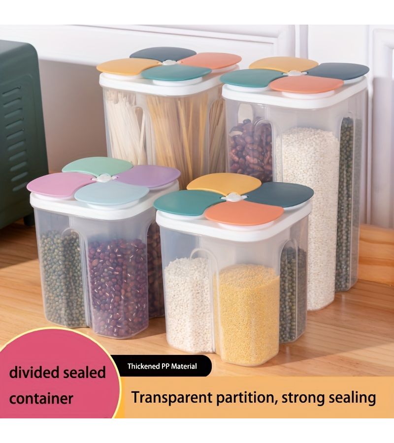 Five Grains Sealed Storage Container With Compartments Suitable For Beans Legumes And Dry Food Plastic Moisture Proof Pantry Organizer With Snap Lid Light Colored Lid And Dark Colored Lid Multi Compartment Canister For Pasta Cereal Kitchen And Pantry Shelf - Image 1
