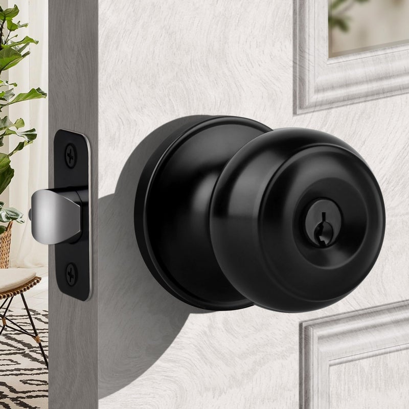 Moquin Keyed Entry Door Knob with Lock and Key, Interior and Exterior Locking Flat Ball Knob for Front Door or Bedroom, Black - Image 1