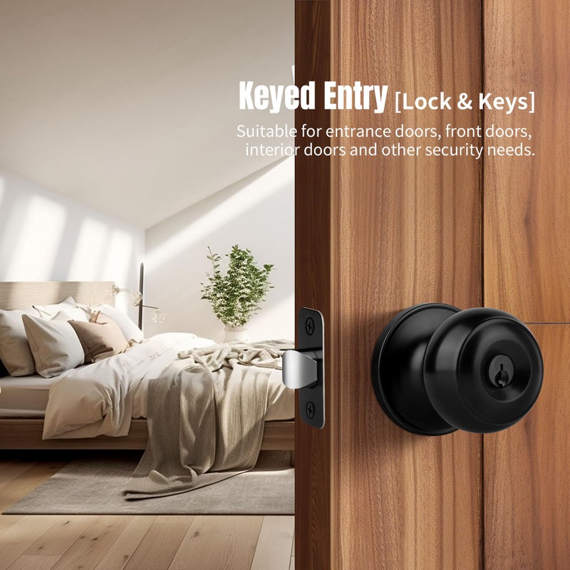 Moquin Keyed Entry Door Knob with Lock and Key, Interior and Exterior Locking Flat Ball Knob for Front Door or Bedroom, Black - Image 3