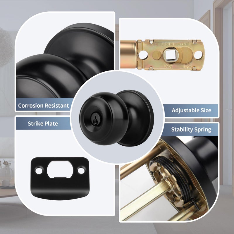 Moquin Keyed Entry Door Knob with Lock and Key, Interior and Exterior Locking Flat Ball Knob for Front Door or Bedroom, Black - Image 2