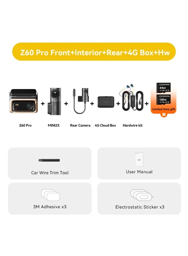 ddpai 24/7 Protection with 3 Cameras & Live 4G Streaming | Z60 PRO Full Package – 4K Front + 2K Cabin + Full HD Rear + HW KIT + 2 SD Cards + 4G Device | Support Voice Command and Night Vision with Sony Starvis 2 - Image 2