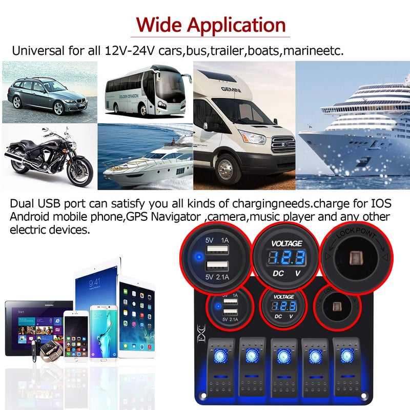 FXC Waterproof Marine Boat Rocker Switch Aluminum Panel 5 Gang with Dual USB Slot Socket 3.1A + Volt Meter Blue LED Light for Car Rv Vehicles Truck (KG0149-5B Blue) - Image 5