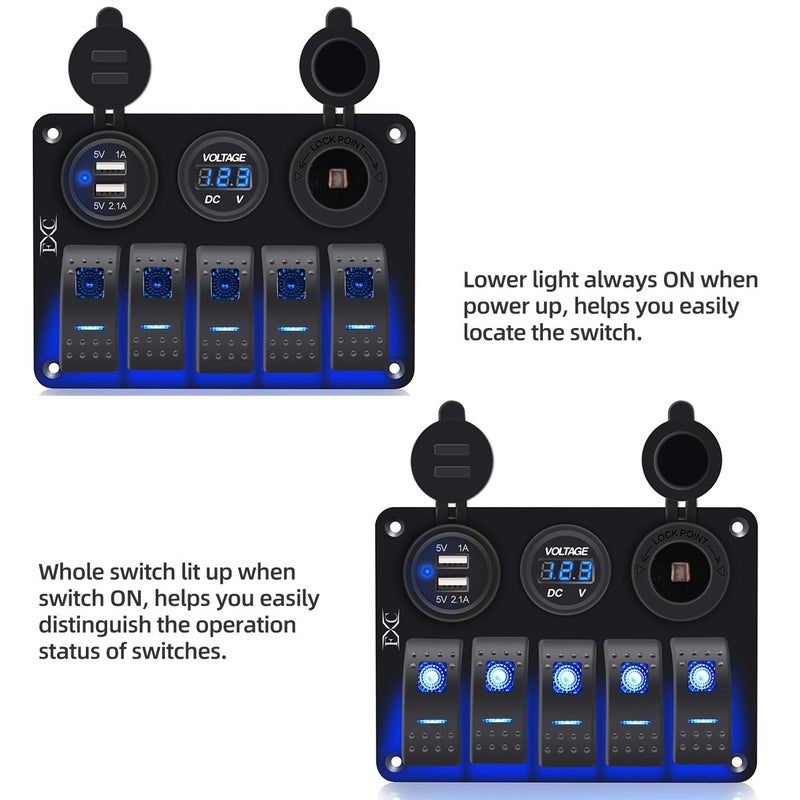 FXC Waterproof Marine Boat Rocker Switch Aluminum Panel 5 Gang with Dual USB Slot Socket 3.1A + Volt Meter Blue LED Light for Car Rv Vehicles Truck (KG0149-5B Blue) - Image 2