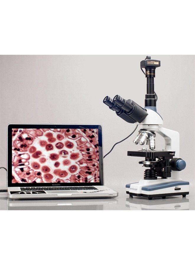 AmScope T120C Professional Siedentopf Trinocular Compound Microscope, 40X-2500X Magnification, WF10x and WF25x Eyepieces, Brightfield, LED Illumination, Abbe Condenser with Iris Diaphragm, Double-Laye 