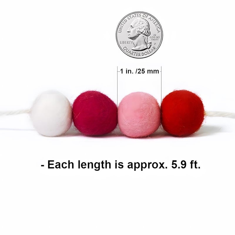 CORSTAE Pom Pom Garland Felt Ball Valentine Garland, 100% Wool,6.5 Feet Long,24 Pom-Pomsï¼Œfor Wall Christmas Tree,Parties, Valentine's Day Tree,Weddings Decor - Image 2