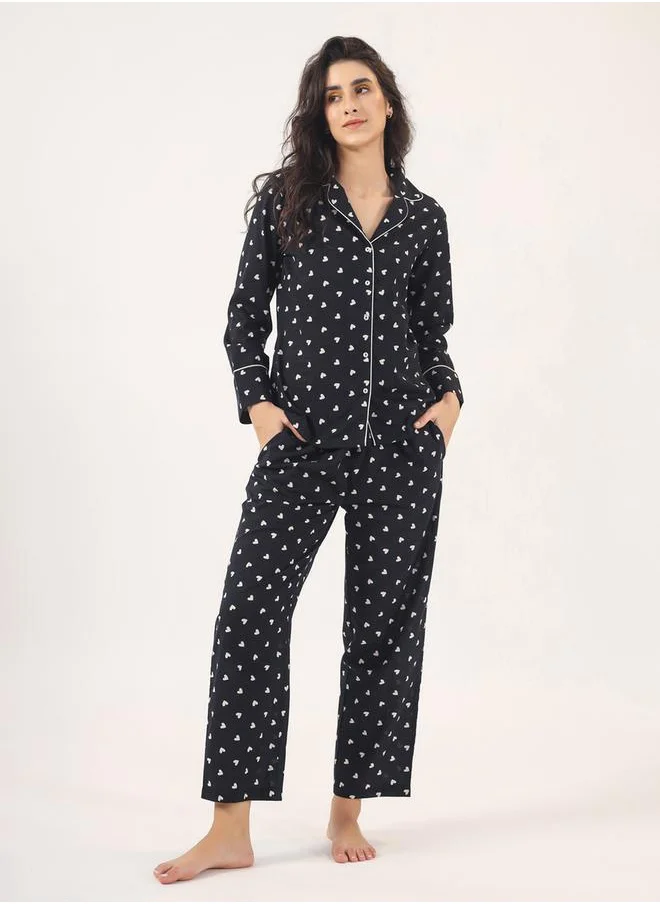 sanskrutihomes Heart Print Piped Detail Shirt & Pyjama Set by Styli