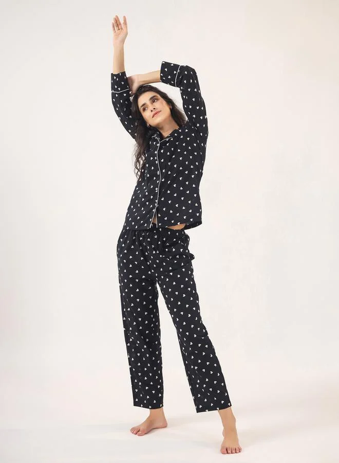 Sanskrutihomes  Heart Print Piped Detail Shirt And Pyjama Set for Women | Best Price UAE