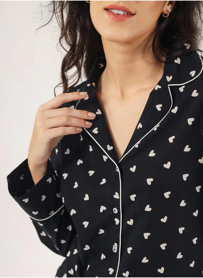 sanskrutihomes Heart Print Piped Detail Shirt & Pyjama Set by Styli