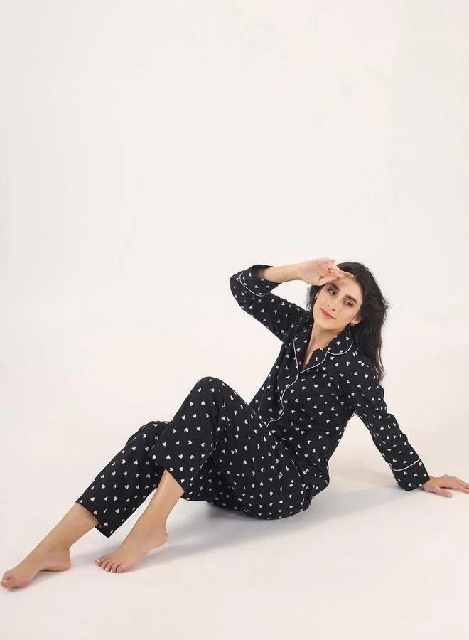 Sanskrutihomes  Heart Print Piped Detail Shirt And Pyjama Set for Women | Best Price UAE
