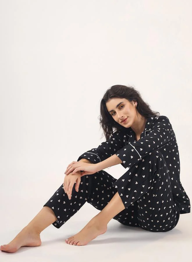 Sanskrutihomes  Heart Print Piped Detail Shirt And Pyjama Set for Women | Best Price UAE