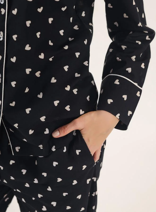 Sanskrutihomes  Heart Print Piped Detail Shirt And Pyjama Set for Women | Best Price UAE