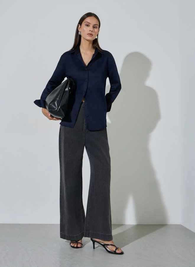 Styli Navy Blue Solid Longlined Long Sleeves Oversized Shirt