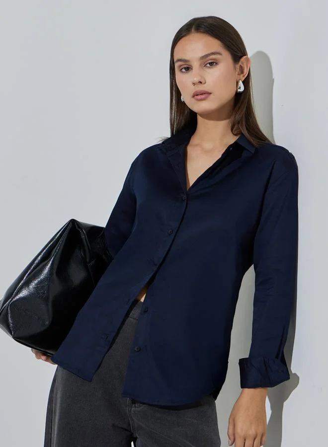 Styli Navy Blue Solid Longlined Long Sleeves Oversized Shirt
