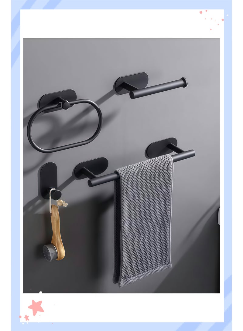 4-Pieces Matte Black Bathroom Hardware Set , Includes Adhesive Toilet Paper Holder, Adhesive Hand Towel Bar, Adhesive Robe Towel Hook ，Bathroom Accessories Kit - Image 1