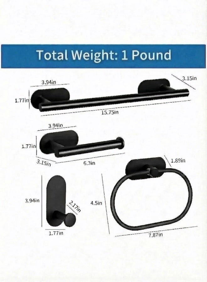4-Pieces Matte Black Bathroom Hardware Set , Includes Adhesive Toilet Paper Holder, Adhesive Hand Towel Bar, Adhesive Robe Towel Hook ，Bathroom Accessories Kit - Image 2