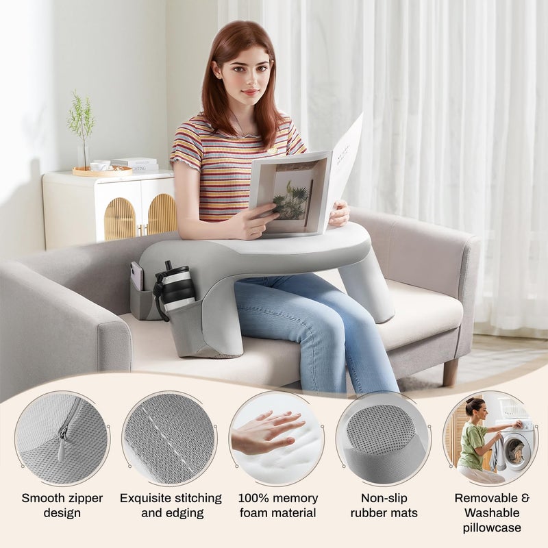 WOGAHEV Reading Pillow for Bed, Lap Desk for Laptop, Memory Foam Arm Rest Support Gaming Pillow with Cup/Phone Pocket, Laptop Lap Desk for Working, Gaming, Reading on Couch Bed Floor- Grey - Image 3
