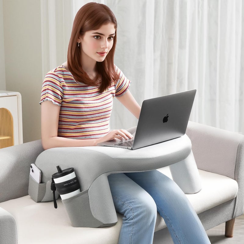 WOGAHEV Reading Pillow for Bed, Lap Desk for Laptop, Memory Foam Arm Rest Support Gaming Pillow with Cup/Phone Pocket, Laptop Lap Desk for Working, Gaming, Reading on Couch Bed Floor- Grey - Image 2