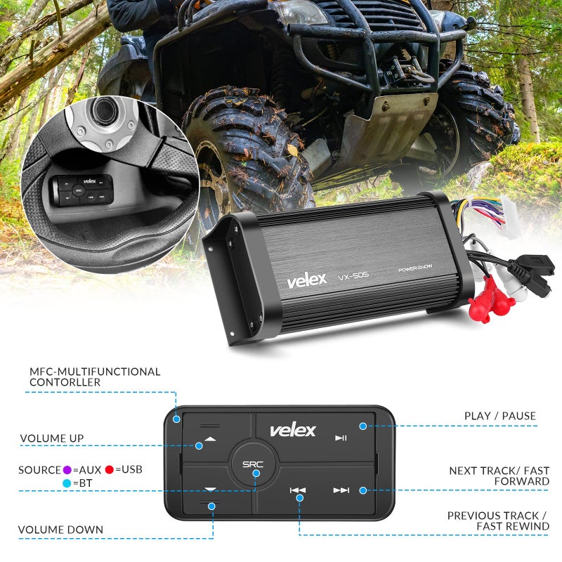 VELEX Marine Bluetooth Amplifier Waterproof Class D Amp UTV Amp 4 Channel with Controller for Boat Golf Motorcycle Hidden Installation - Image 3