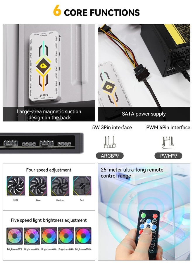 upHere PWM & 5V Addressable ARGB Magnetic Fan Hub -1 to 9-Port PC Case Splitter with Remote Control,SATA-Powered Cooling Hub for Custom RGB PC Builds,White,P10PARGB WT - Image 5