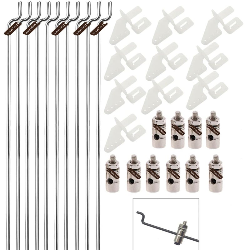 Ltvystore 10Pcs 1.5 x 450mm Z Push Rods Parts & 10Pcs Adjustable Pushrod Connector Linkage Stopper 1.8mm & 10Pcs Nylon Control Horns 21x10 mm Compatible for RC Airplane Plane Boat Replacement - Image 1