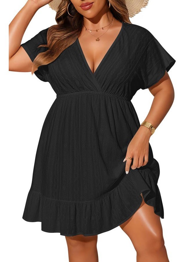 Yonique Plus Size Swimsuit Cover Up Women - V Neck Swimwear Short Sleeve Coverups Ruffle Hem Beach Dress 2026, Black, 20 Plus - Image 1