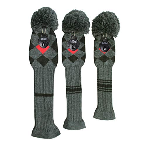 Scott Edward Grey Red Black Argyles Low-Key Style Golf Pom Pom Headcover, Long Neck, Set of 3 for Driver(460cc), Fairway Wood, Hybrid, Rotating Number Tags, Personalized Golf Accessories - Image 2