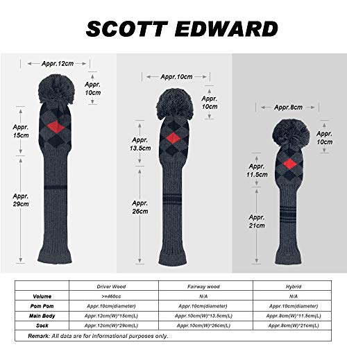 Scott Edward Grey Red Black Argyles Low-Key Style Golf Pom Pom Headcover, Long Neck, Set of 3 for Driver(460cc), Fairway Wood, Hybrid, Rotating Number Tags, Personalized Golf Accessories - Image 3