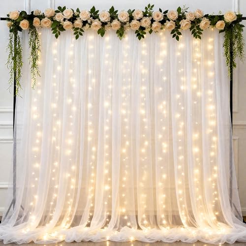 Ledido 10×8ft White Tulle Backdrop Curtains with Lights String - 300LED Fairy Lights Sheer Curtain Backdrop for Wedding Baby Shower Photo Shoot Birthday Party Decoration(2 Panels 5×8ft)，White - Image 1
