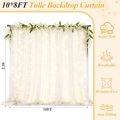 Ledido 10×8ft White Tulle Backdrop Curtains with Lights String - 300LED Fairy Lights Sheer Curtain Backdrop for Wedding Baby Shower Photo Shoot Birthday Party Decoration(2 Panels 5×8ft)，White - Image 2