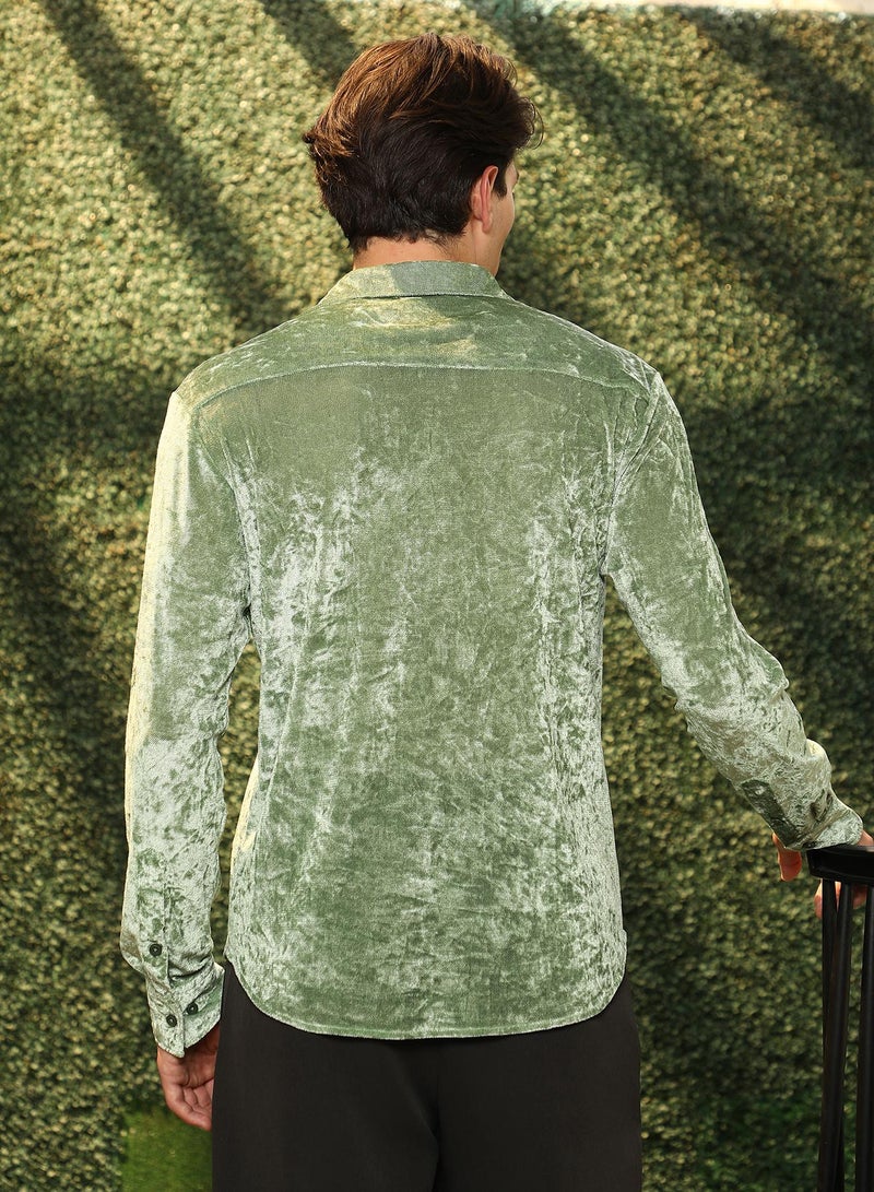 Campus Sutra Campus Sutra Men's Sage Green Solid Velvet Shirt | Regular Fit Full Sleeve Point Collar Solid Velvet Design | Premium Polyester Blend Woven Fabric For Club & Casual Wear - Image 5