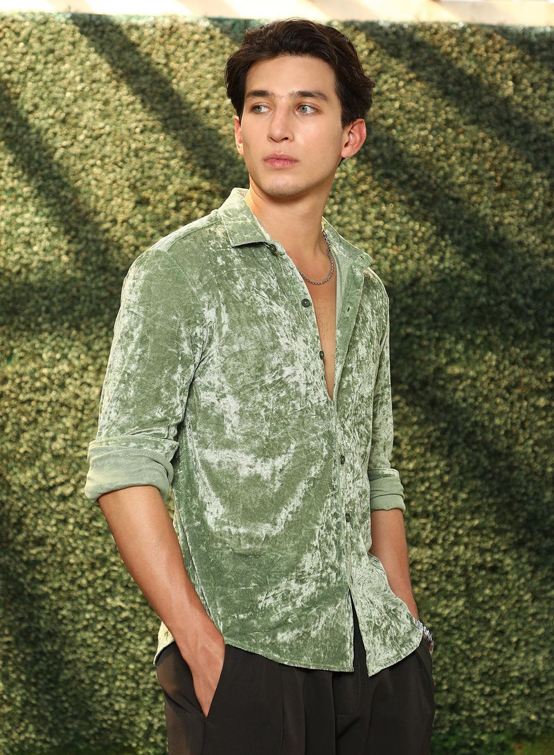 Campus Sutra Campus Sutra Men's Sage Green Solid Velvet Shirt | Regular Fit Full Sleeve Point Collar Solid Velvet Design | Premium Polyester Blend Woven Fabric For Club & Casual Wear - Image 3