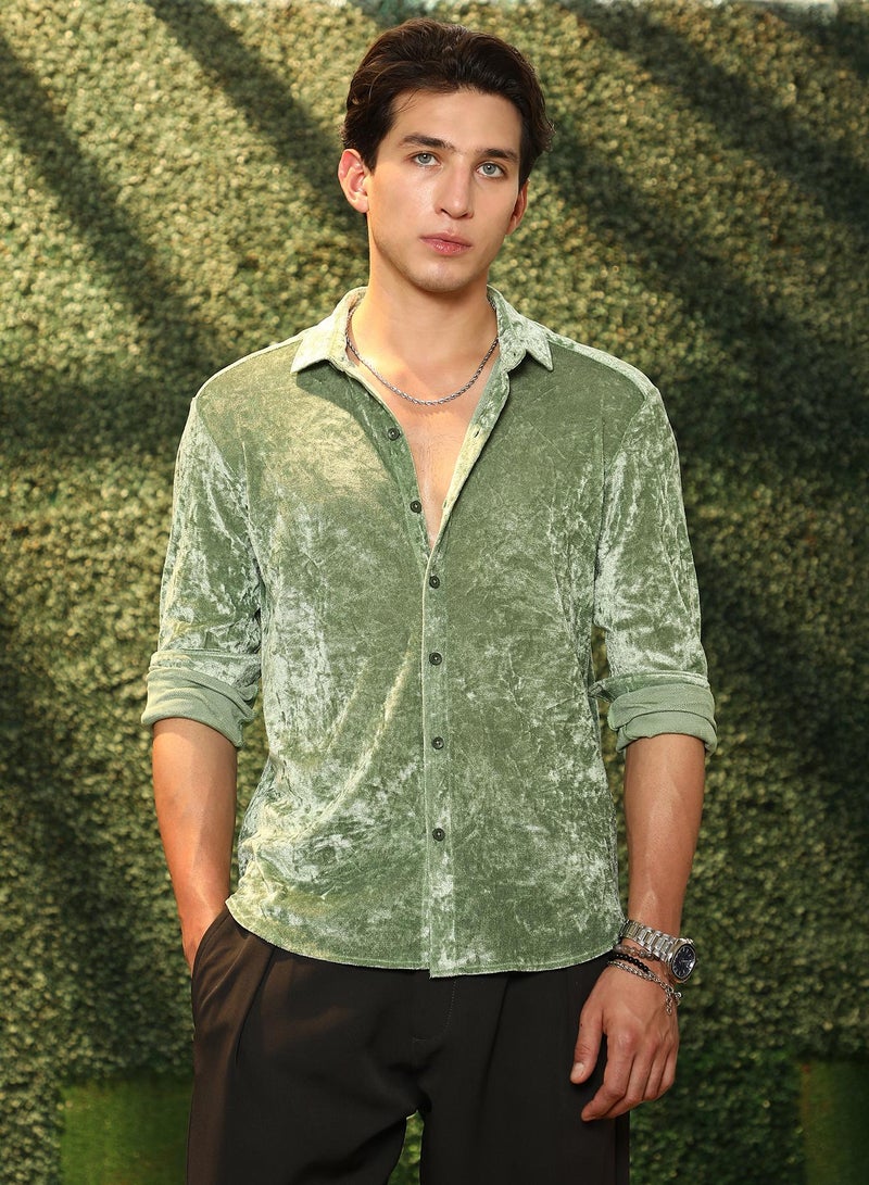 Campus Sutra Campus Sutra Men's Sage Green Solid Velvet Shirt | Regular Fit Full Sleeve Point Collar Solid Velvet Design | Premium Polyester Blend Woven Fabric For Club & Casual Wear - Image 2