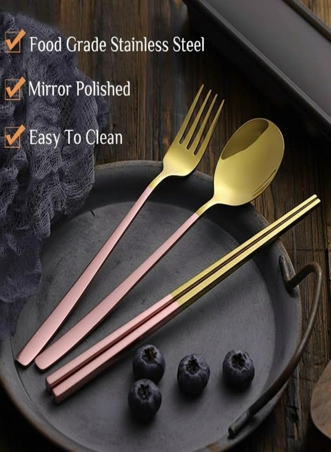 9UP® 1Set Premium Stainless Steel Cutlery Set with Case – Golden Spoon, Fork, Chopsticks | Portable Reusable Travel Flatware for Office, School, Picnic, Camping (Gold and Pink, Standard) - Image 2