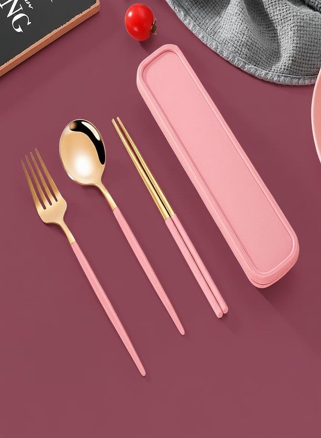 9UP® 1Set Premium Stainless Steel Cutlery Set with Case – Golden Spoon, Fork, Chopsticks | Portable Reusable Travel Flatware for Office, School, Picnic, Camping (Gold and Pink, Standard) - Image 1