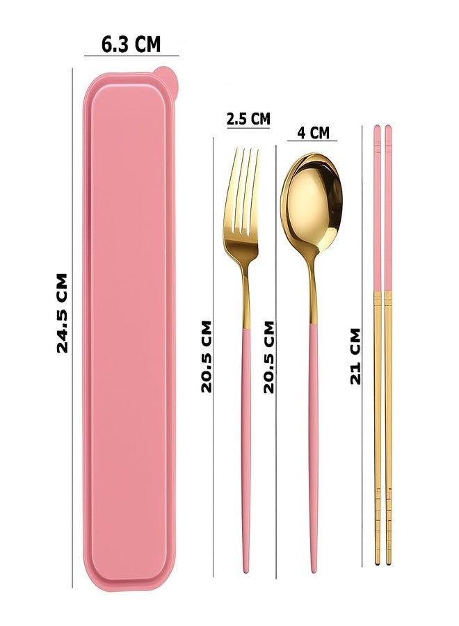 9UP® 1Set Premium Stainless Steel Cutlery Set with Case – Golden Spoon, Fork, Chopsticks | Portable Reusable Travel Flatware for Office, School, Picnic, Camping (Gold and Pink, Standard) - Image 3