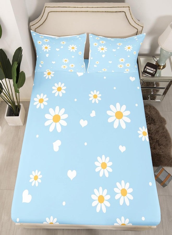 Castle Fairy Daisy Bedding Set Twin Size Yellow White Blue Bed Set for Girls Teens Bedroom Decor Kids Daisy Flowers Fitted Sheet(1 Fitted Sheet+1 Pillow Case) Spring Floral Bed Cover(No Flat Sheet) No Flat Sheet - Image 4
