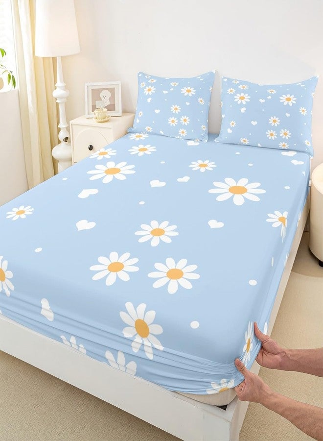 Castle Fairy Daisy Bedding Set Twin Size Yellow White Blue Bed Set for Girls Teens Bedroom Decor Kids Daisy Flowers Fitted Sheet(1 Fitted Sheet+1 Pillow Case) Spring Floral Bed Cover(No Flat Sheet) No Flat Sheet - Image 1