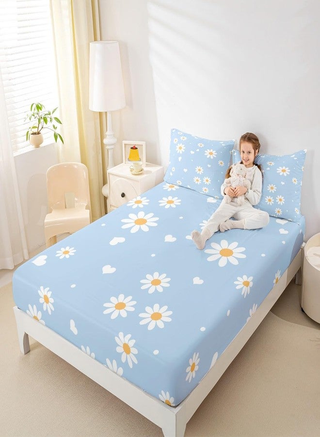Castle Fairy Daisy Bedding Set Twin Size Yellow White Blue Bed Set for Girls Teens Bedroom Decor Kids Daisy Flowers Fitted Sheet(1 Fitted Sheet+1 Pillow Case) Spring Floral Bed Cover(No Flat Sheet) No Flat Sheet - Image 3