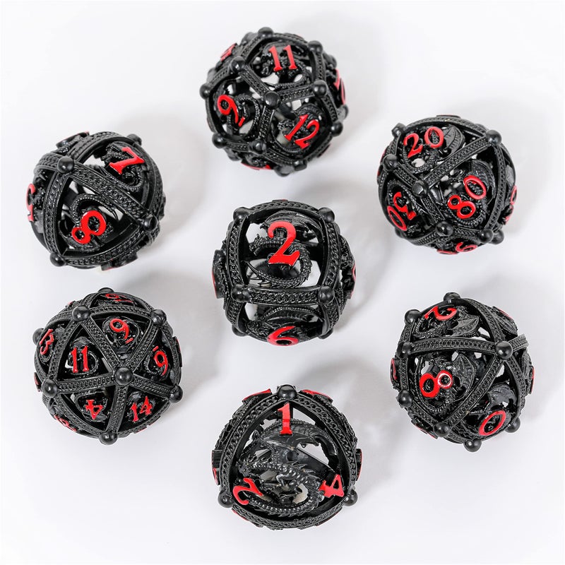 Soar Forge Metal DND Dice Set - Unique Round Hollow Orb Design for Better Rolling - Beautiful Dragon Set for Role Playing Games (RPG) - Stunning D&D Dungeons and Dragons Dice (Black Red) - Image 2
