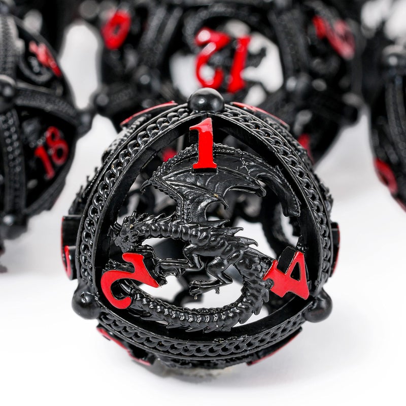 Soar Forge Metal DND Dice Set - Unique Round Hollow Orb Design for Better Rolling - Beautiful Dragon Set for Role Playing Games (RPG) - Stunning D&D Dungeons and Dragons Dice (Black Red) - Image 1