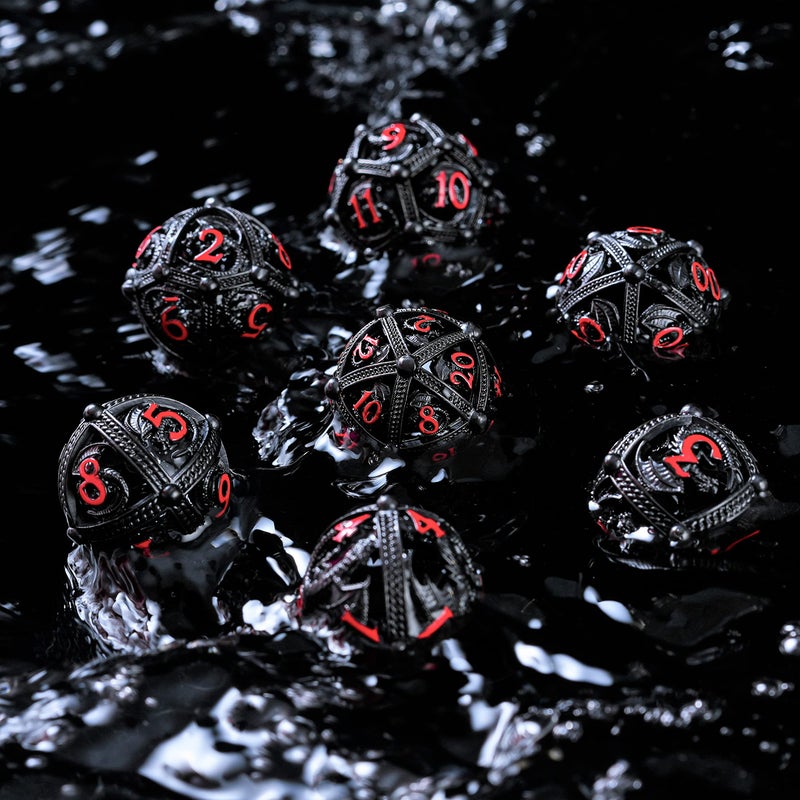 Soar Forge Metal DND Dice Set - Unique Round Hollow Orb Design for Better Rolling - Beautiful Dragon Set for Role Playing Games (RPG) - Stunning D&D Dungeons and Dragons Dice (Black Red) - Image 4