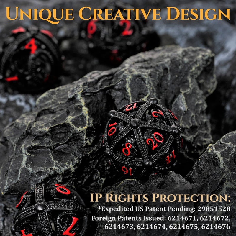 Soar Forge Metal DND Dice Set - Unique Round Hollow Orb Design for Better Rolling - Beautiful Dragon Set for Role Playing Games (RPG) - Stunning D&D Dungeons and Dragons Dice (Black Red) - Image 3