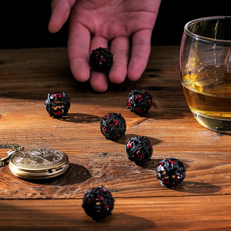Soar Forge Metal DND Dice Set - Unique Round Hollow Orb Design for Better Rolling - Beautiful Dragon Set for Role Playing Games (RPG) - Stunning D&D Dungeons and Dragons Dice (Black Red) - Image 5