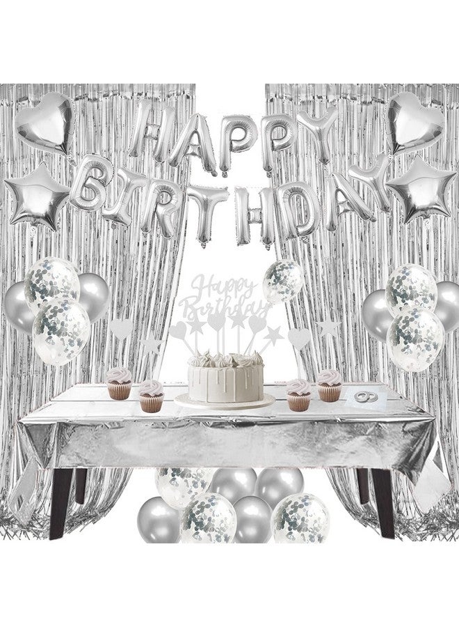 ZERODECO Birthday Decorations Silver Foil Happy Birthday Balloon Banner Tablecloth Fringe Shiny Curtains Cake Flag Star And Heart Balloons Confetti Latex Balloons For Birthday Party  - Image 1