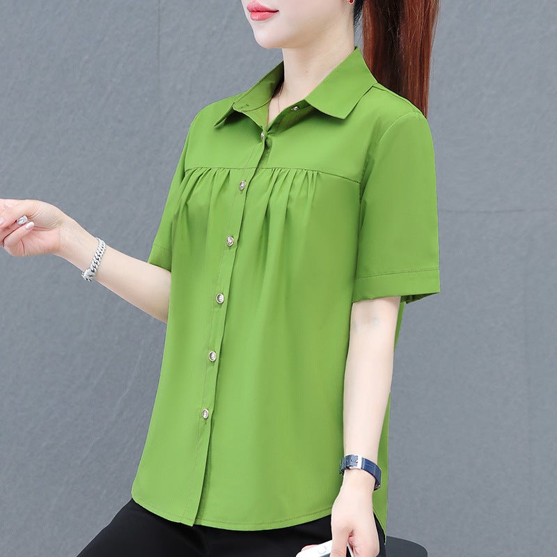2024 Lapel Short-Sleeved Polyester Cotton Shirt Women'S Middle-Aged Mother'S Single-Breasted Cardigan Pleated Shirt - Image 2