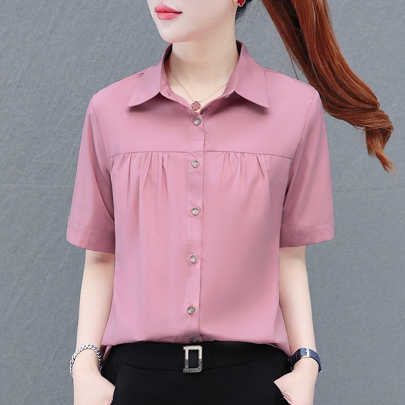 2024 Lapel Short-Sleeved Polyester Cotton Shirt Women'S Middle-Aged Mother'S Single-Breasted Cardigan Pleated Shirt - Image 4