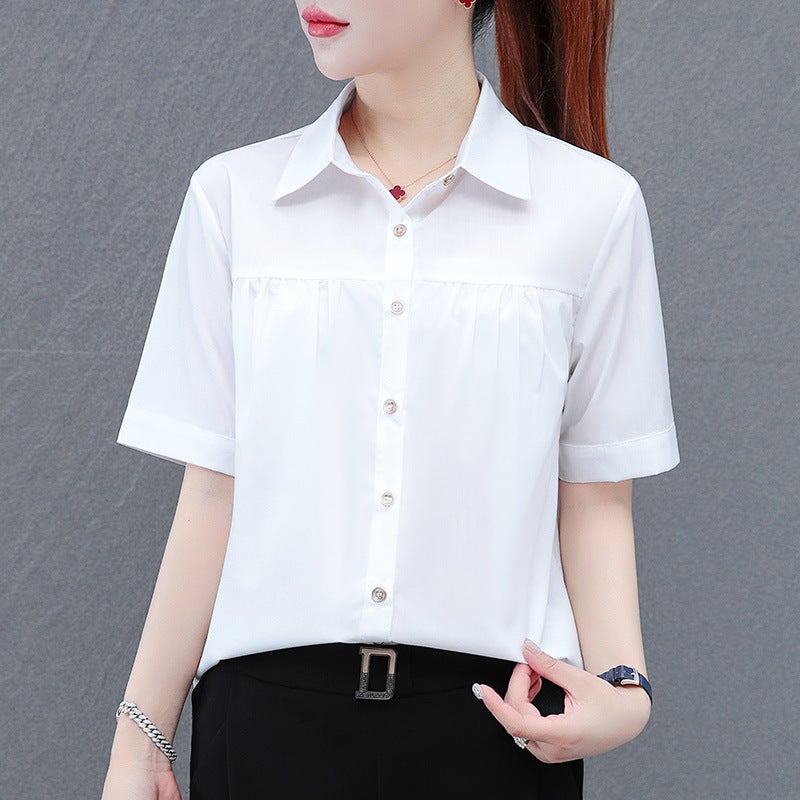 2024 Lapel Short-Sleeved Polyester Cotton Shirt Women'S Middle-Aged Mother'S Single-Breasted Cardigan Pleated Shirt - Image 1