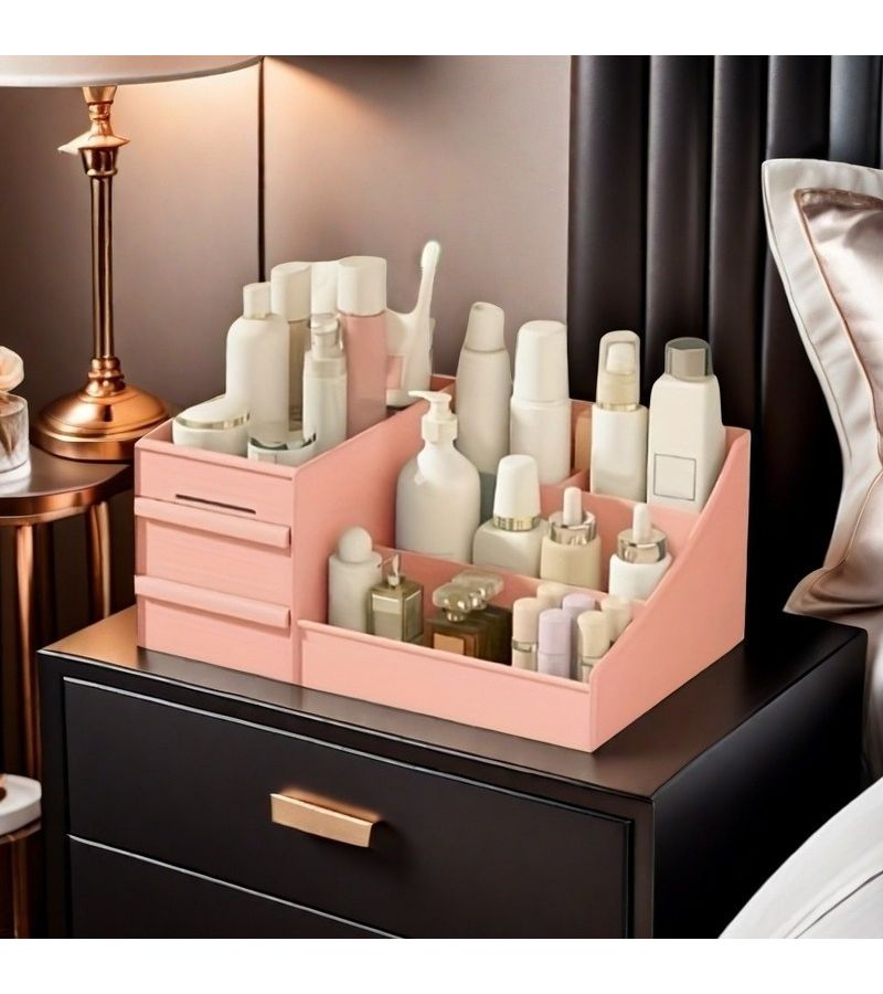 Custom Laser Printed Pink Expandable Double Layer Cosmetic Storage Box With Transparent Drawers Large Capacity Plastic For Desktop Organization - Image 3