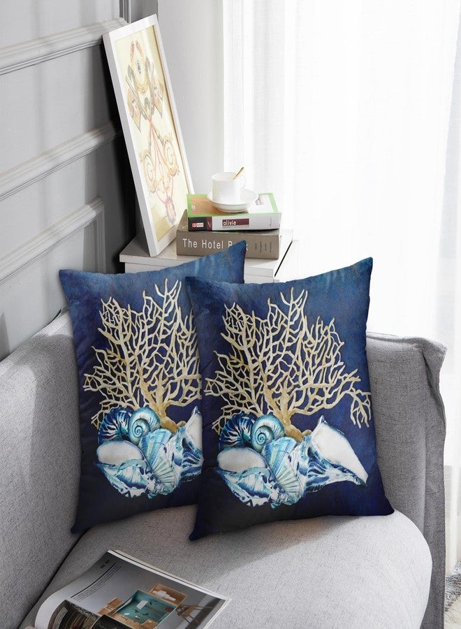 Emvency Set of 2 Throw Pillow Cover Blue Seashore Indigo Ocean Coral Seashells Beach House Gray Coastal Decorative Pillow Case Home Decor Square 18 x 18 Inch Pillowcase - Image 2