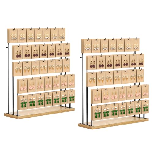ORLESS 2 Pcs Jewelry Display for Vendors, Earring Display Stand for Selling, Necklace Display Holder for Selling, Earring Cards Organizer for Bracelets, Rings, Jewelry Towers, Original Wood (35 Hooks) - Image 1